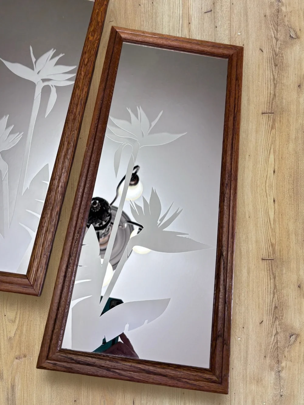 2 Vintage MCM 80s Frosted Etched Glass Mirror Wood Birds of Paradise 21